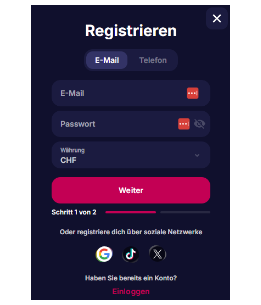 nv casino Registrierungsprozess Screenshot